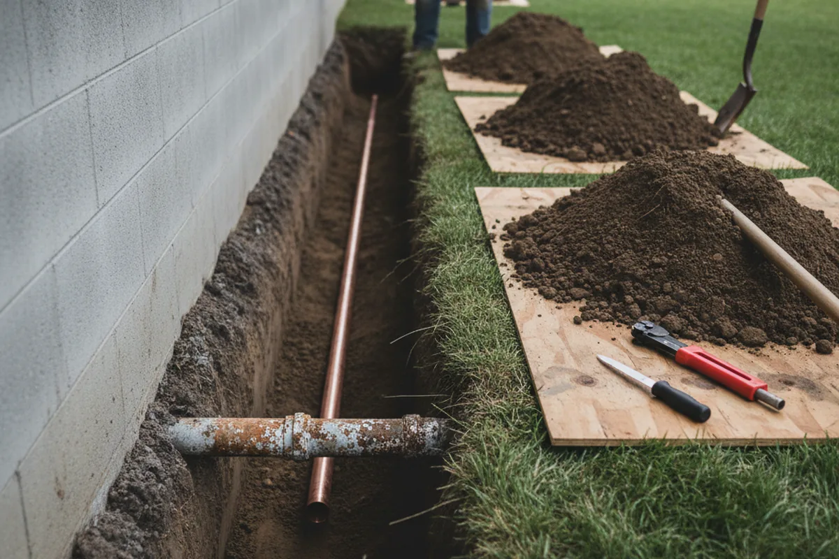 Excavated water line trench during Water Heater Repair in Carpentersville